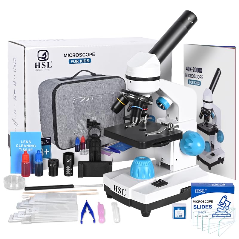 HSL Microscope for Kids + Microscope Slides and Covers,40X-2000X monocular Microscopes for Adults Students Beginner with LAD Set,Dual LED Light Powerful Biological Microscopes for School Boys Girls H