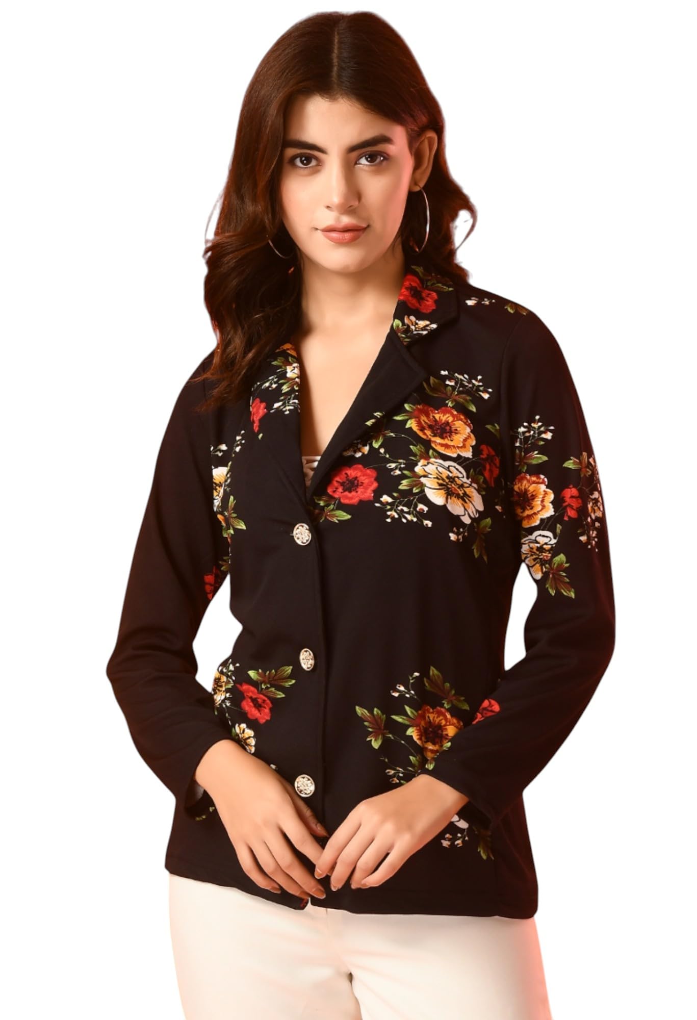 Women’s Black Floral Printed Shrug with Golden Buttons