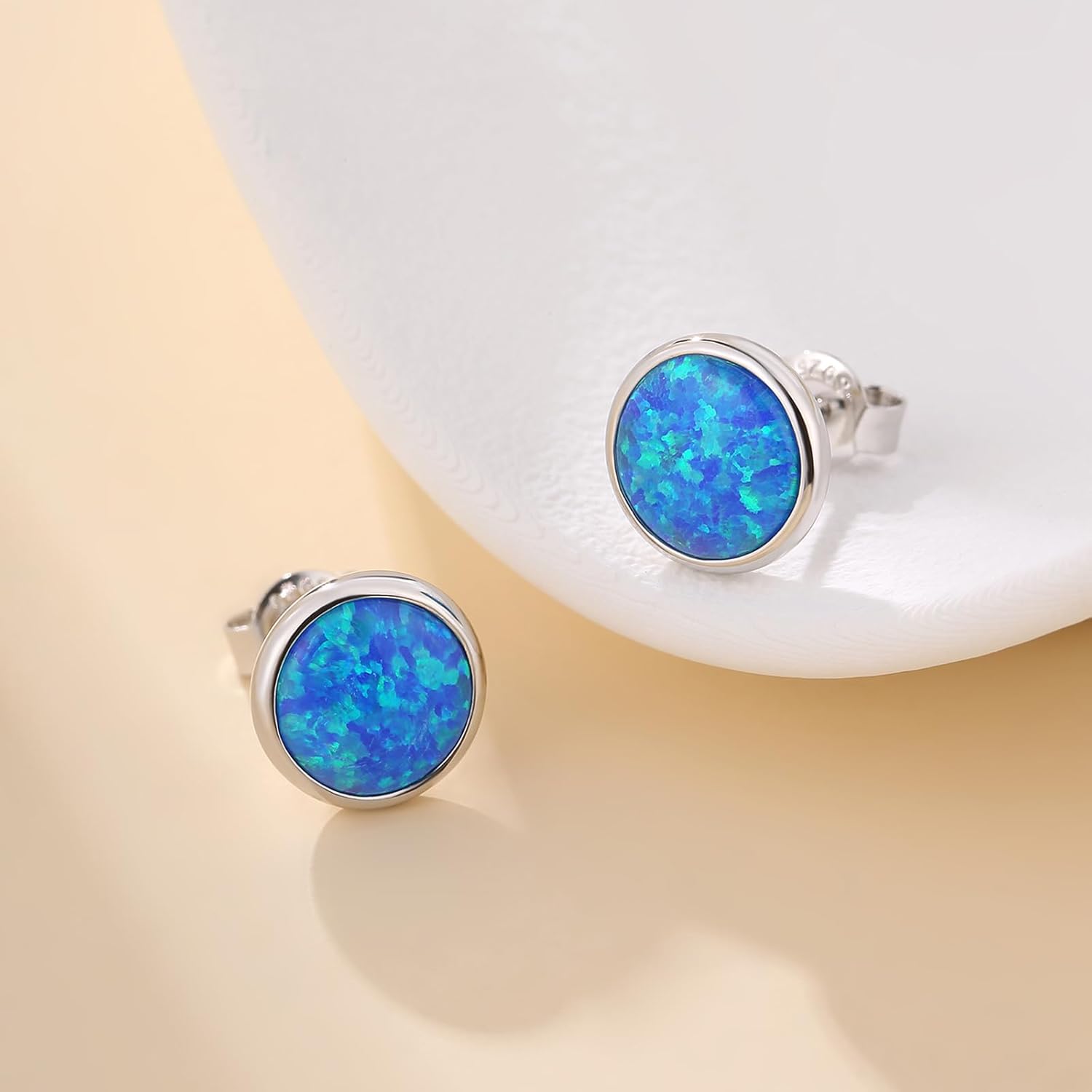 Opal Stud Earrings for Women Men, 925 Sterling Silver Hypoallergenic Earrings, Round & Oval Bezel Set Created Opal, Multi-Color Jewelry Gift (White/Red/Blue/Green) - Image 2