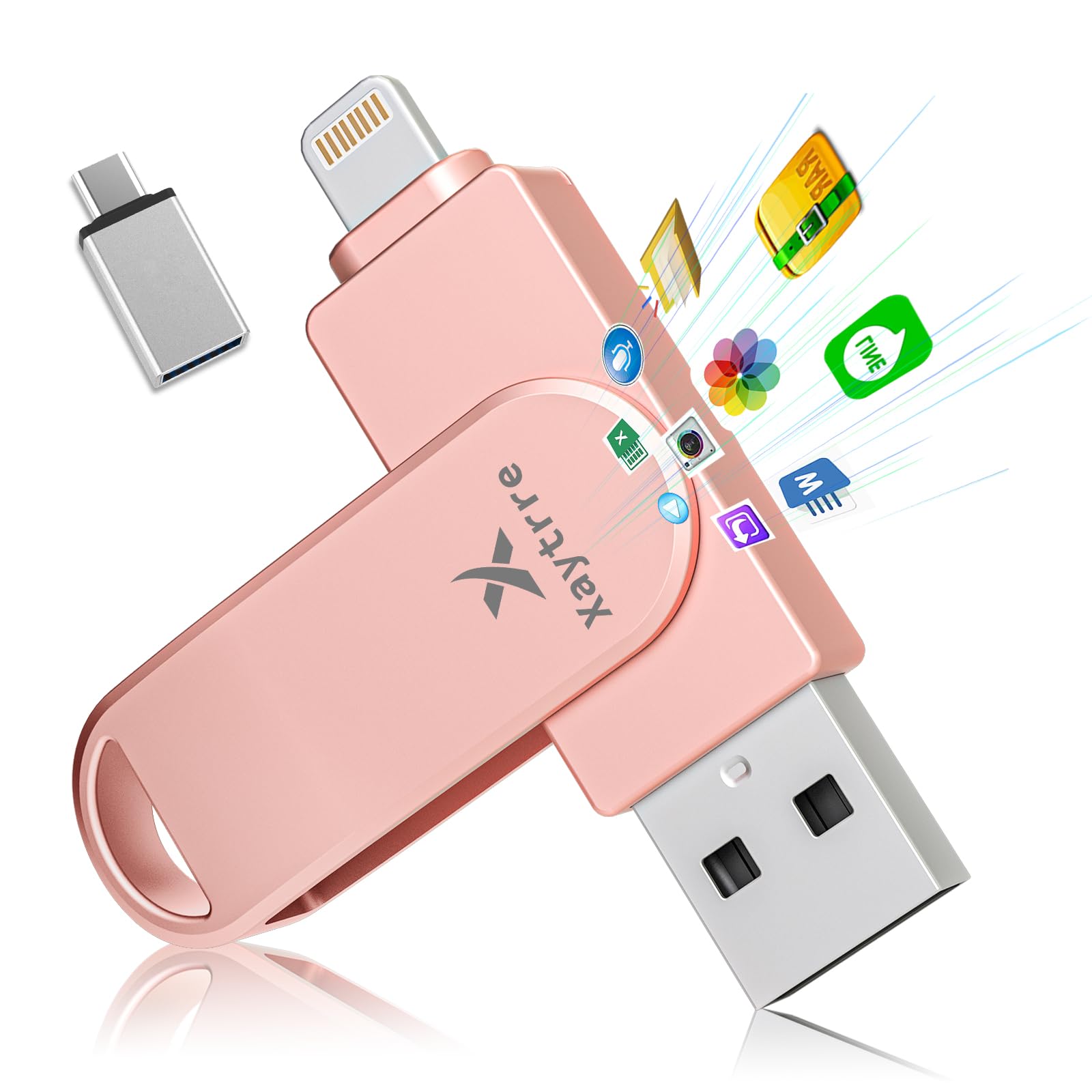 Chiavetta USB per iPhone 256gb Apple MFi-zertifizierter,Xaytrre Memoria Esterna Lightning,Pen Drive USB C 3.0,3 in 1 Pennetta Backup per iPhone/Smartphone/iPad/Android/PC,(Rosa)