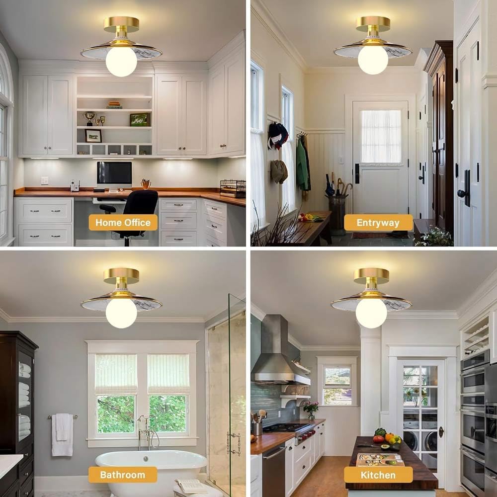 Clear Glass Flush Mount Ceiling Light Fixture, 1-Bulb Modern Golden Metal Close to Ceiling Light, Vintage Glass Ceiling Lights for Bedroom Kitchen Living Room