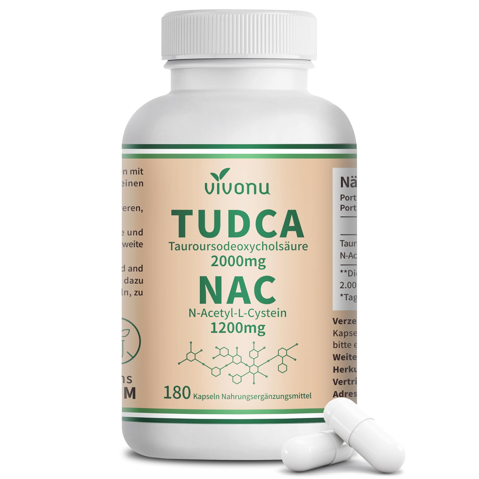 VivoNu TUDCA 2000mg & NAC 1200mg Kapseln Hochdosiert, 180 vegane Kapseln, Zellschutz & Vitalität, Fördert Stoffwechsel & Verdauung,Unterstützt gesunde Zellalterung, Natürliche Antioxidantien