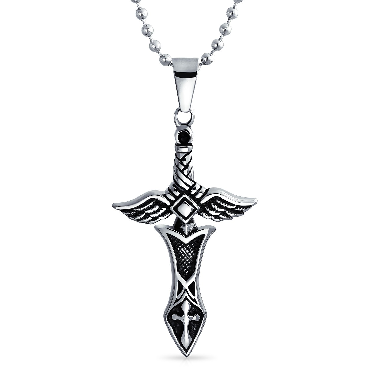 Bling JewelryBiker Royal Sword & Angel Wings Cross Pendant Necklace For Mens Teen Black Oxidized Silver Tone Stainless Steel