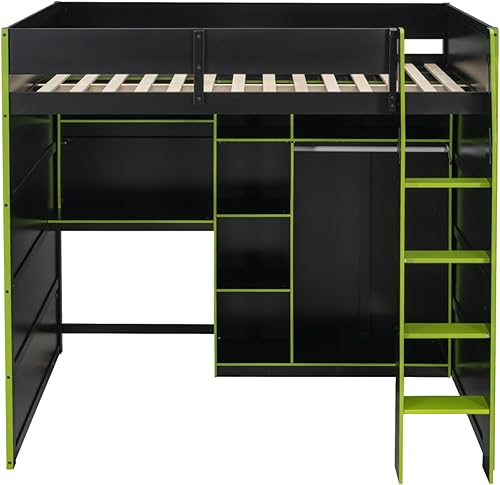Miniatura 41 de Cama loft de madera para juegos de tamaño matrimonial con escritorio para computadora y luces RGB, cama para juegos, armario abierto integrado y
