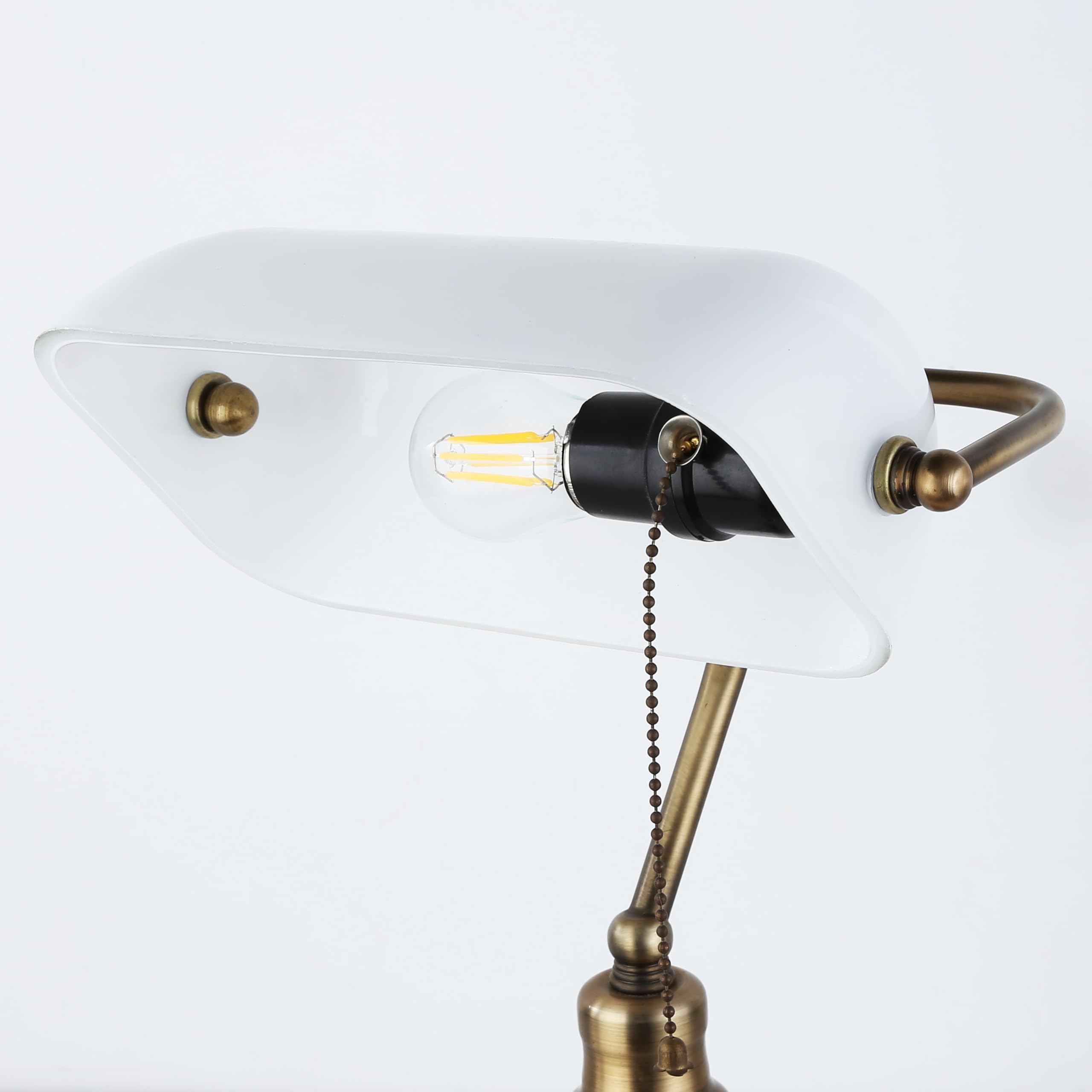 BARCELONA LED Lampada da Tavolo Vintage BANCHIERE E27 – Lampada da Scrivania Retrò con Paralume in Vetro Bianco, Base in Metallo Ottone, Ideale per Ufficio, Studio, Soggiorno Ristorante