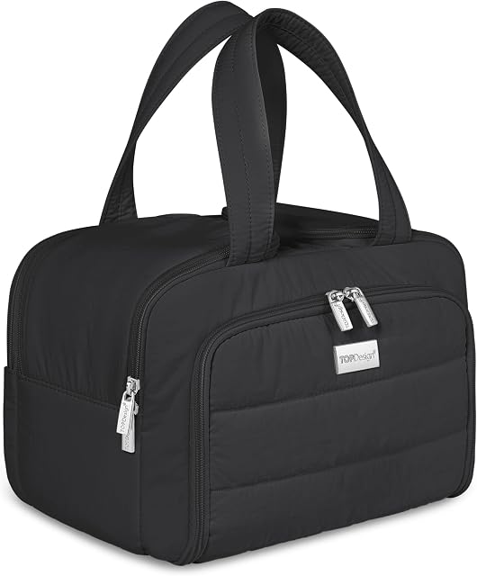 TOPDesign Sac de toilette de voyage pour les femmes, Grand sac de toilette tampon, Léger Organisateur de maquillage cosmétique avec poignée pour voyager, Accessoires, Essentiels, Articles de toilette (noir)