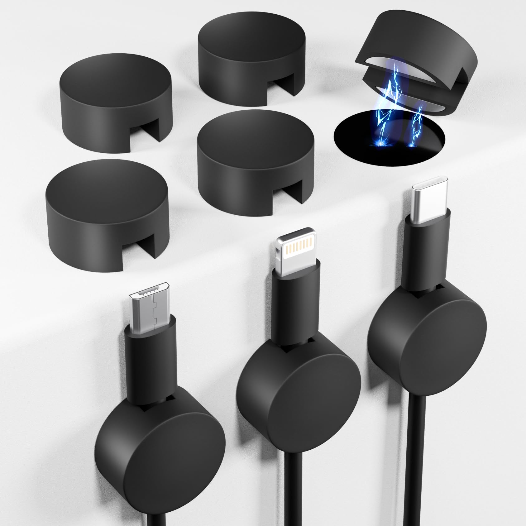 Viaky 8-Pack Magnetic Cable Clips Black, Self Adhesive Silicone Magnet Cable Organizer, Strong Cord Holder for Phone Charge, Wire Management for Nightstand, Wall, Office, Home, Car, Desk
