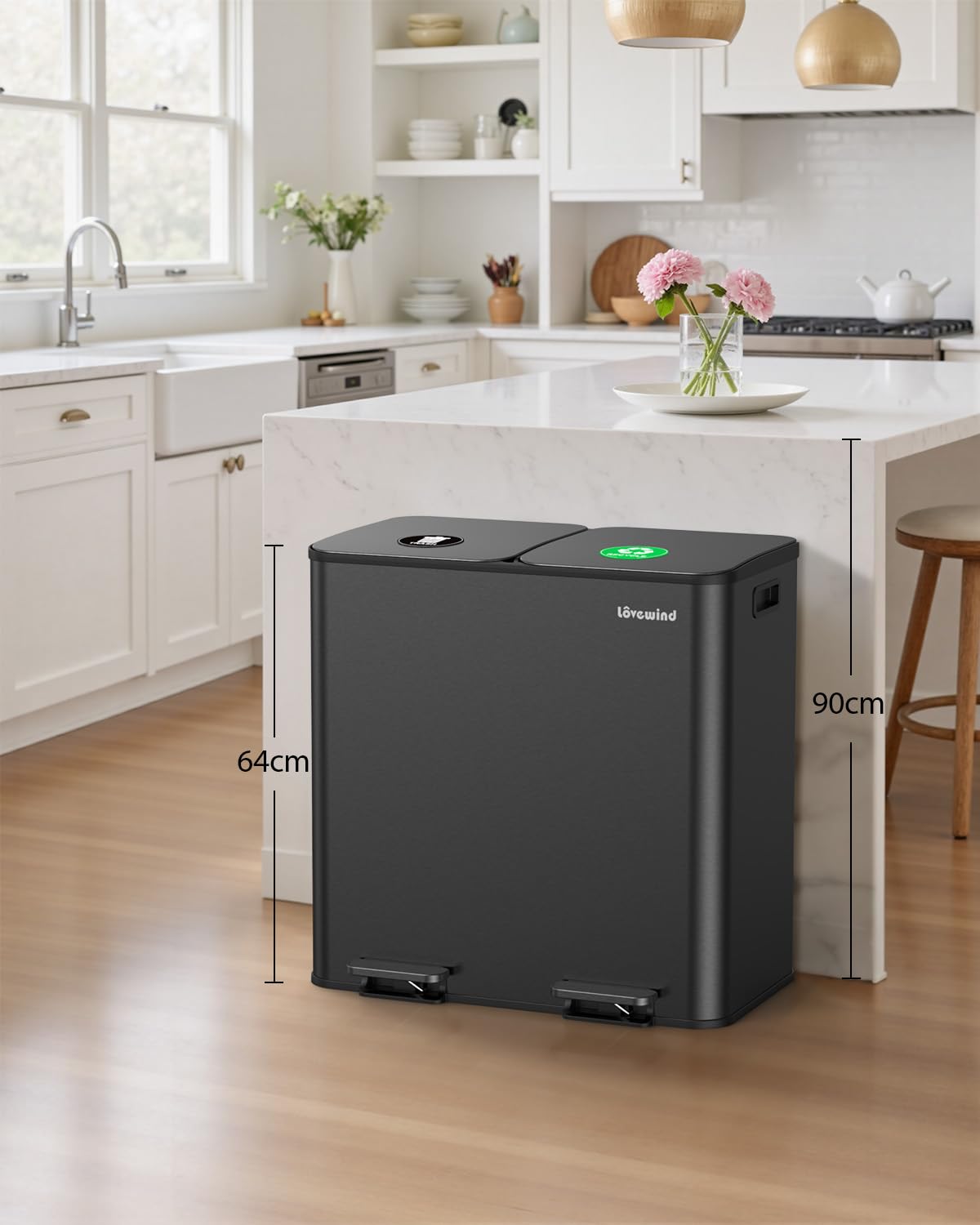 lovewind Mülleimer Küche, 2 x 40L Mülltrennsystem mit Soft-Close Deckel, Edelstahl Tretmülleimer mit 2 Fächern, Herausnehmbare Inneneimer, Fingerabdruckresistent, Geruchsdicht,Schwarz