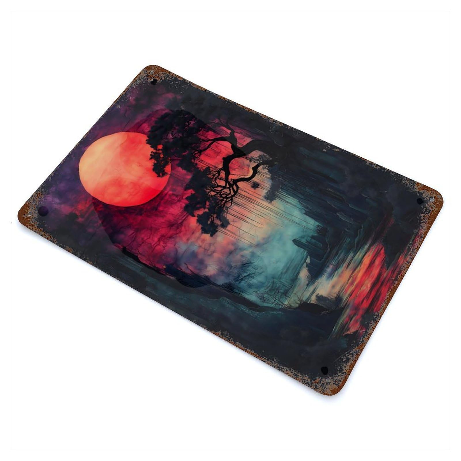Garage Style Bloodmoon River Sunset Decorative Tin Sign 11.8"x7.9", Farmhouse Wall Decor for Bar And Workshop