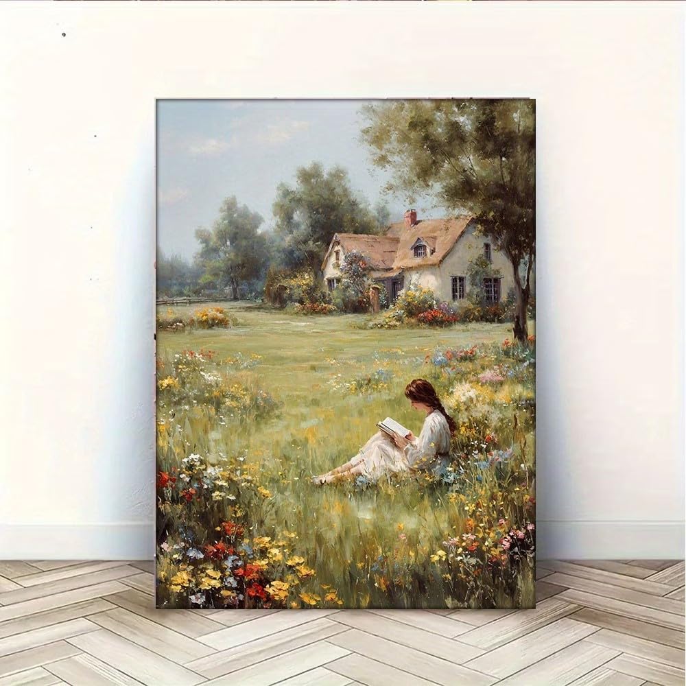 DAMAIART Retro Cottage Style Girl Reading Canvas Wall Art Canvas Painting Style, Cozy Home And Tranquil Pastoral Scenery Decor(30x40cm/Canvas Wrap)