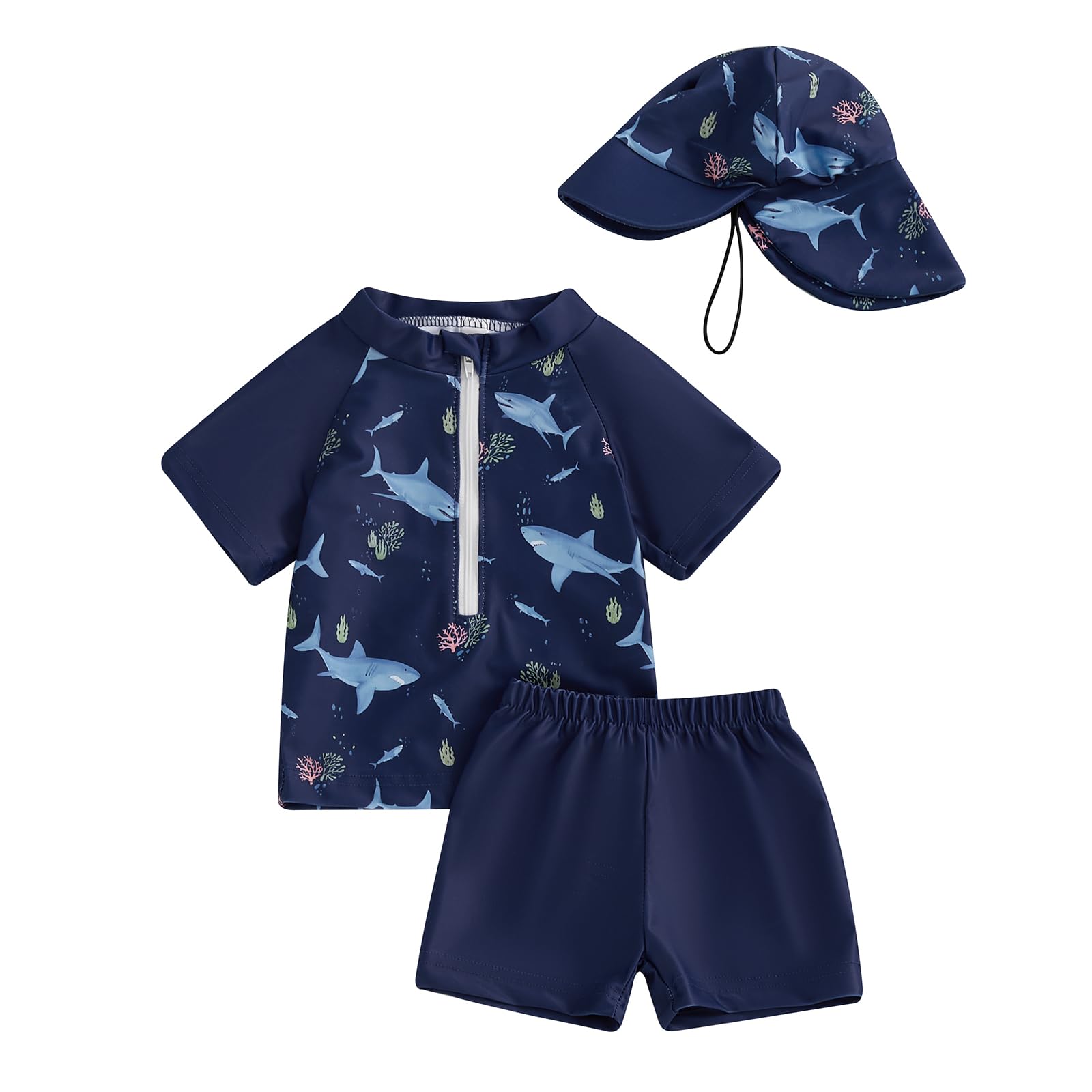 Toddler Baby Boys' 3-Piece Swimsuit Set Short Sleeve Bathing Suit Baby Rash Guard Swimwear with Sun Hat (Shark Blue, 3-4 Years)