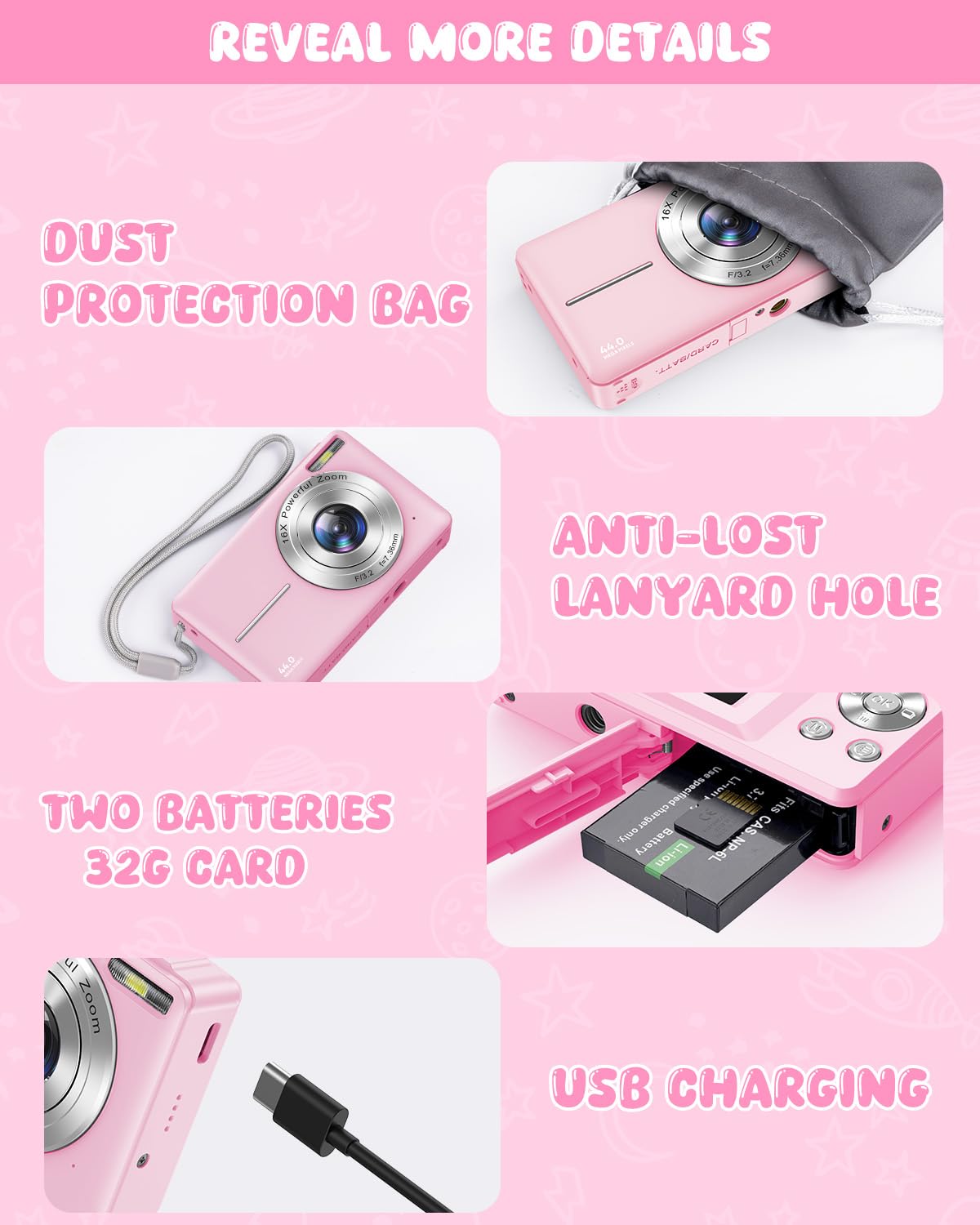 Cámara Digital Compacta con Tarjeta 32GB, 44MP 1080P FHD Cámara de Fotos 2,4 Pulgadas Portátil Recargable Cámara Fotos con Zoom 16X y 2 Pilas Cámara para Niños, Principiantes, Adulto (Rosa)