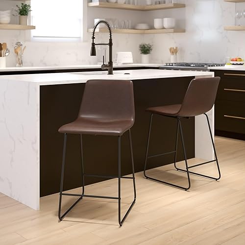 Miniatura 2 de Flash Furniture Reagan LeatherSoft Taburetes de altura de mostrador de 24 pulgadas con reposapiés, sillas de comedor modernas de estilo cubo, juego