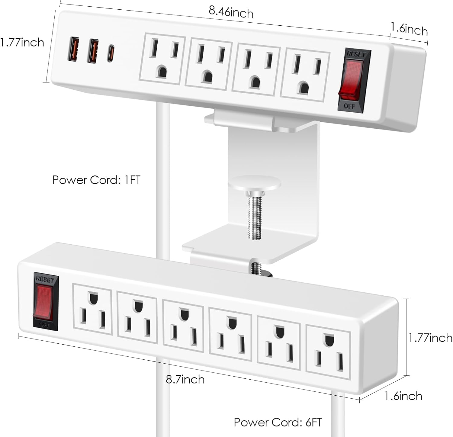 Desk Clamp Power Strip with PD20W USB-C, 2 in 1 Dual Layer Under Desk Power Strip, Removable Clamp Power Socket with 10AC Outlets & Switch, 6ft Extension Cord(ETL Listed)