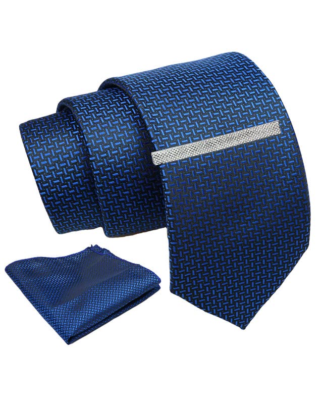 AXLONNavy Geometric Tie For Men – Formal Ties Set With Pocket Square & Tie Pin Clip For Mens, Silk Neckties Gift Sets For Men’s (AXNW43), Navy, Free Size