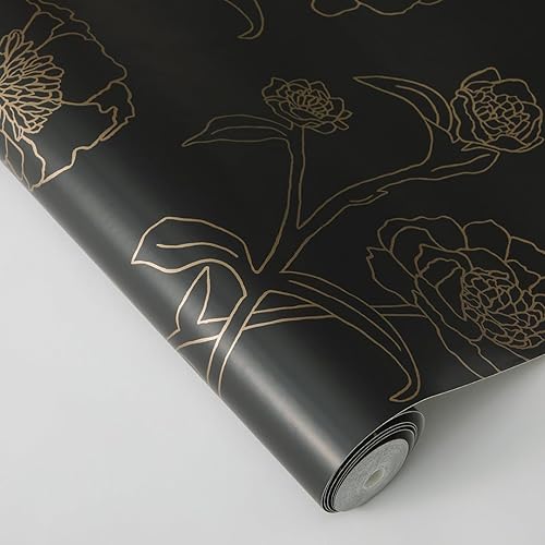 Miniatura 5 de Tempaper Papel tapiz floral extraíble de peonías negras y doradas, 20.5 x 16.5 pies, fabricado en los Estados Unidos