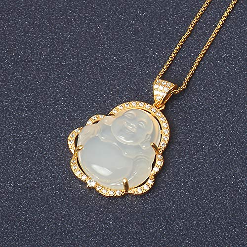 Image of ASGIFT Laughing Buddha Necklace Cubic Zirconia Green Jade Buddha Pendant with 18K Gold Plated Chain Lucky Buddha Necklace Jewelry Gift