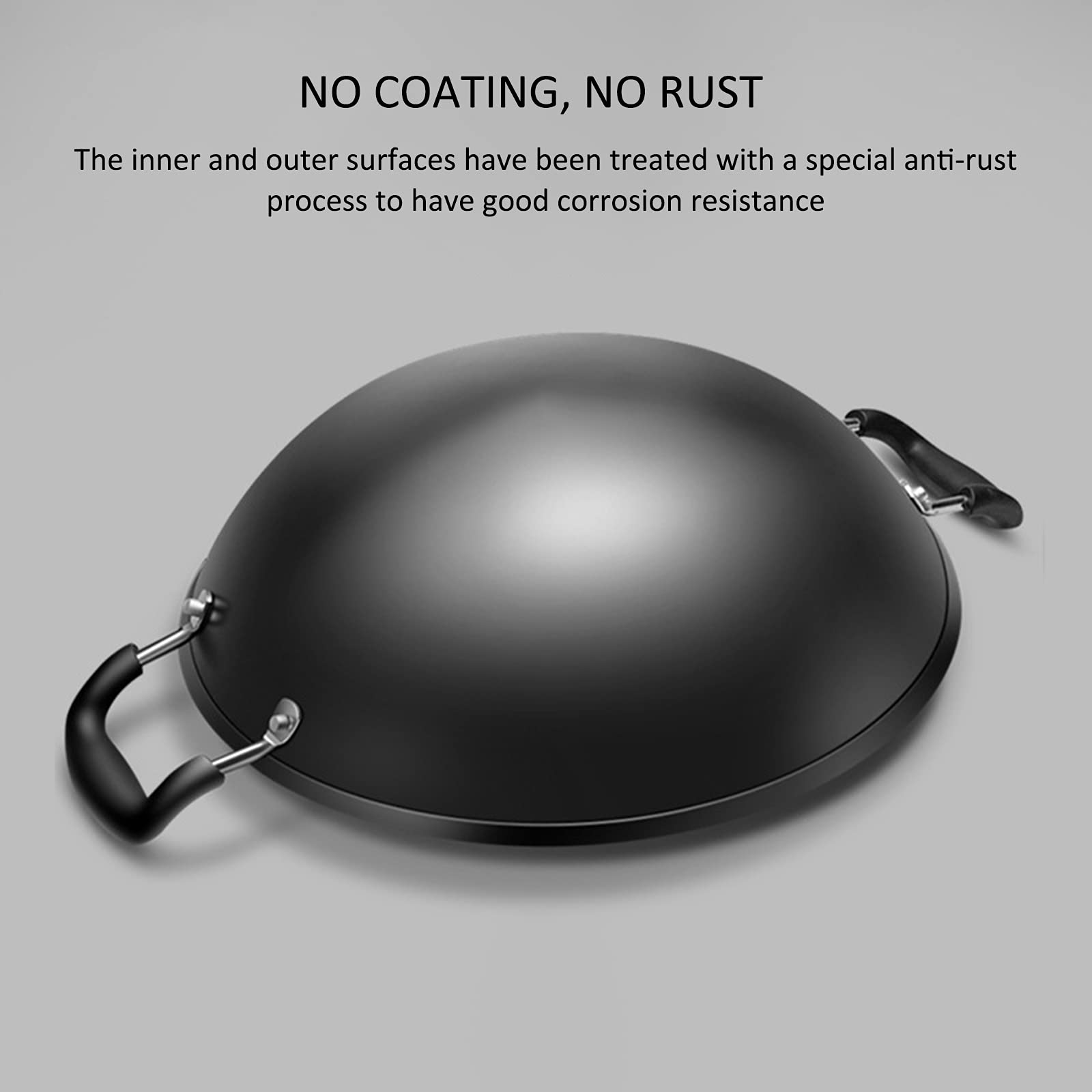 AIZYR Wok De Hierro De Fondo Plano para El Hogar con Mango De Madera Y Tapa De Vidrio para Estufas Eléctricas, De Inducción Y De Gas,42cm