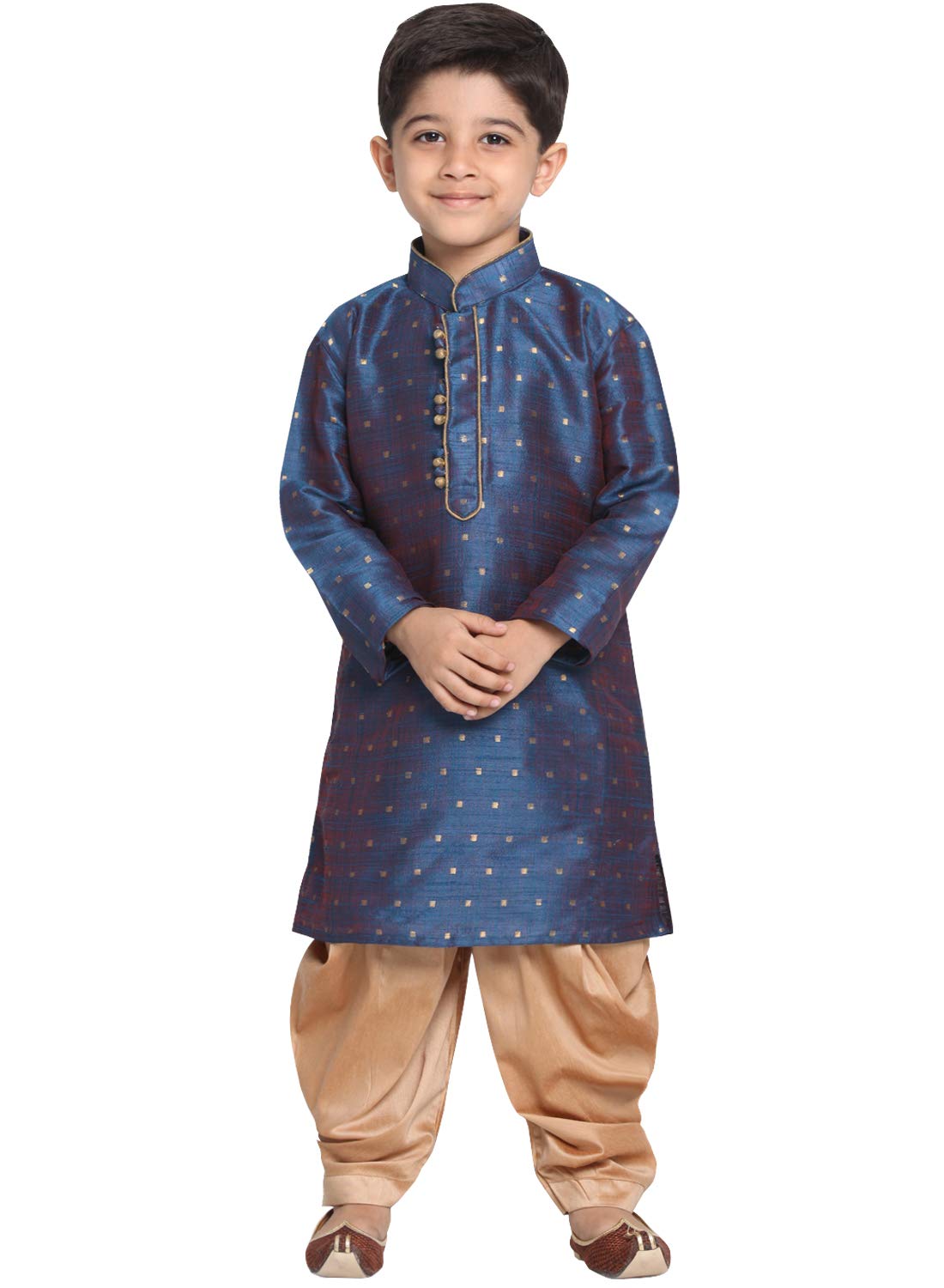 Jbn Creation Boys' Persian Blue And Rose Gold Silk Blend Kurta And Dhoti Pant Set (Vasbk023Buncdrg, For 12-18 Months)