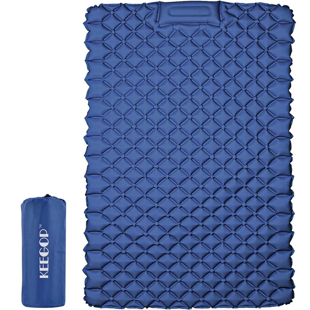 KEEGOP Sleeping Pad for Camping, Double Portable Compact Inflating Sleeping Mat Foot Press Inflatable Camping Pads 2 Person Camping Mattress for Tents Hiking Traveling Backpacking Beach (Blue)