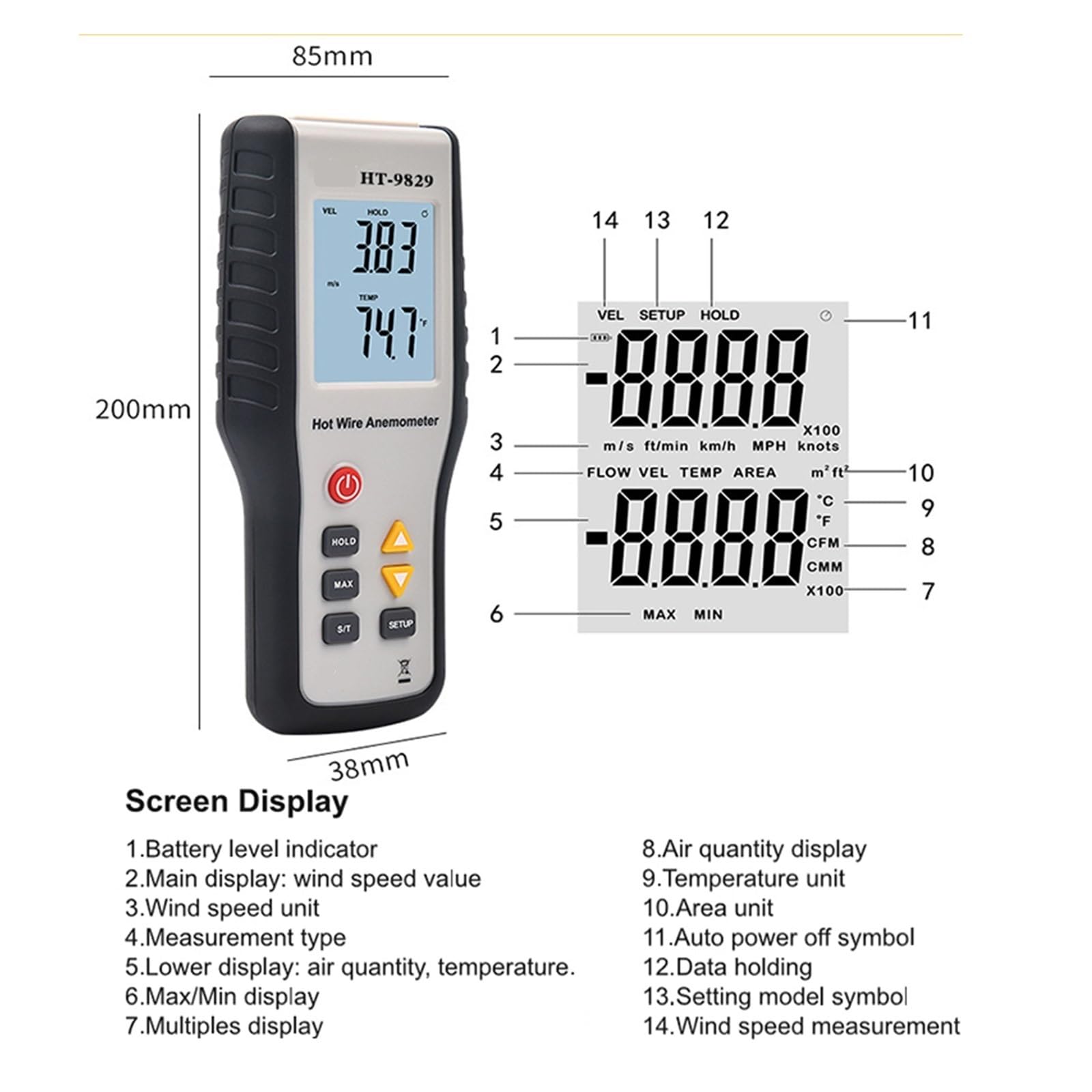Misuratore Di Velocità Del Portatile Digitale Ad Alta Sensibilità Anemometro Termico A Filo Caldo Strumenti Misura Misurazione Precisa
