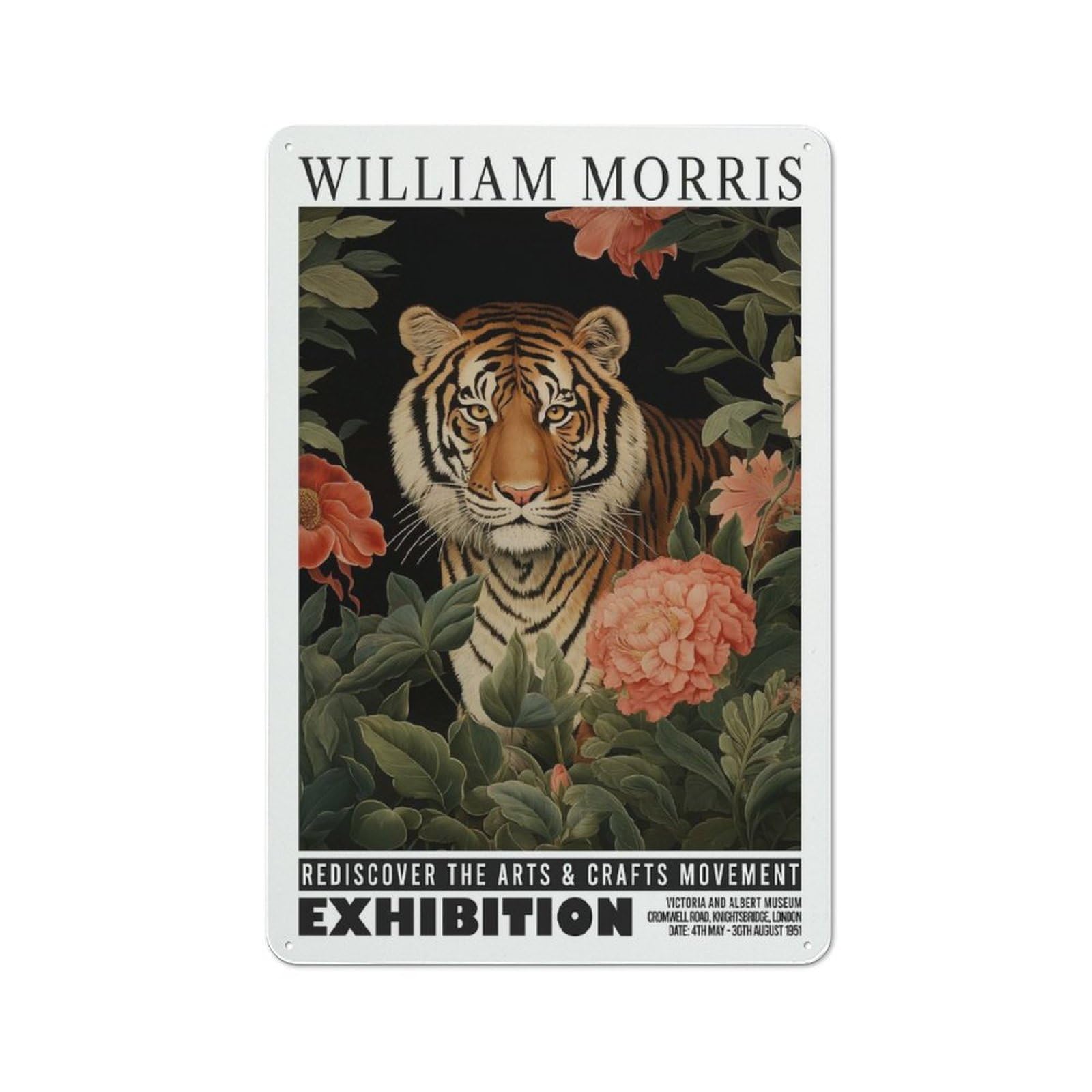 Junmoney Style-19 Tin Wall Plaque 30X20cm With Morris Floral Tiger Exhibition For Home Office Or Studio, For Garage, Workshop And Man Cave Decoration