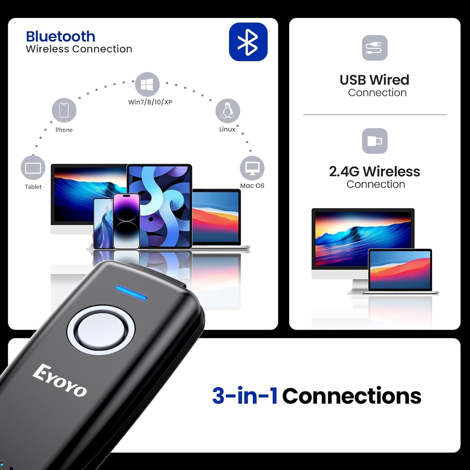Eyoyo Mini 1D Bluetooth escáner de código de Barras inalámbrico, con botón de Encendido/Apagado, 1500mAh batería Recargable, portátil CCD códigos de Barras Lector Compatible con Windows, Mac, Android