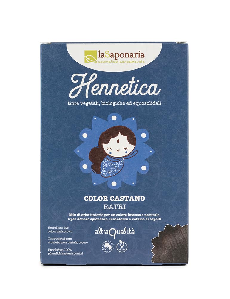 La Saponaria | Hennetica Tinta Vegetale, Mix di erbe tintorie per un colore intenso e naturale, Effetto volumizzante, Vegano, Equosolidale, 100 gr (castano oscuro, 100 g)
