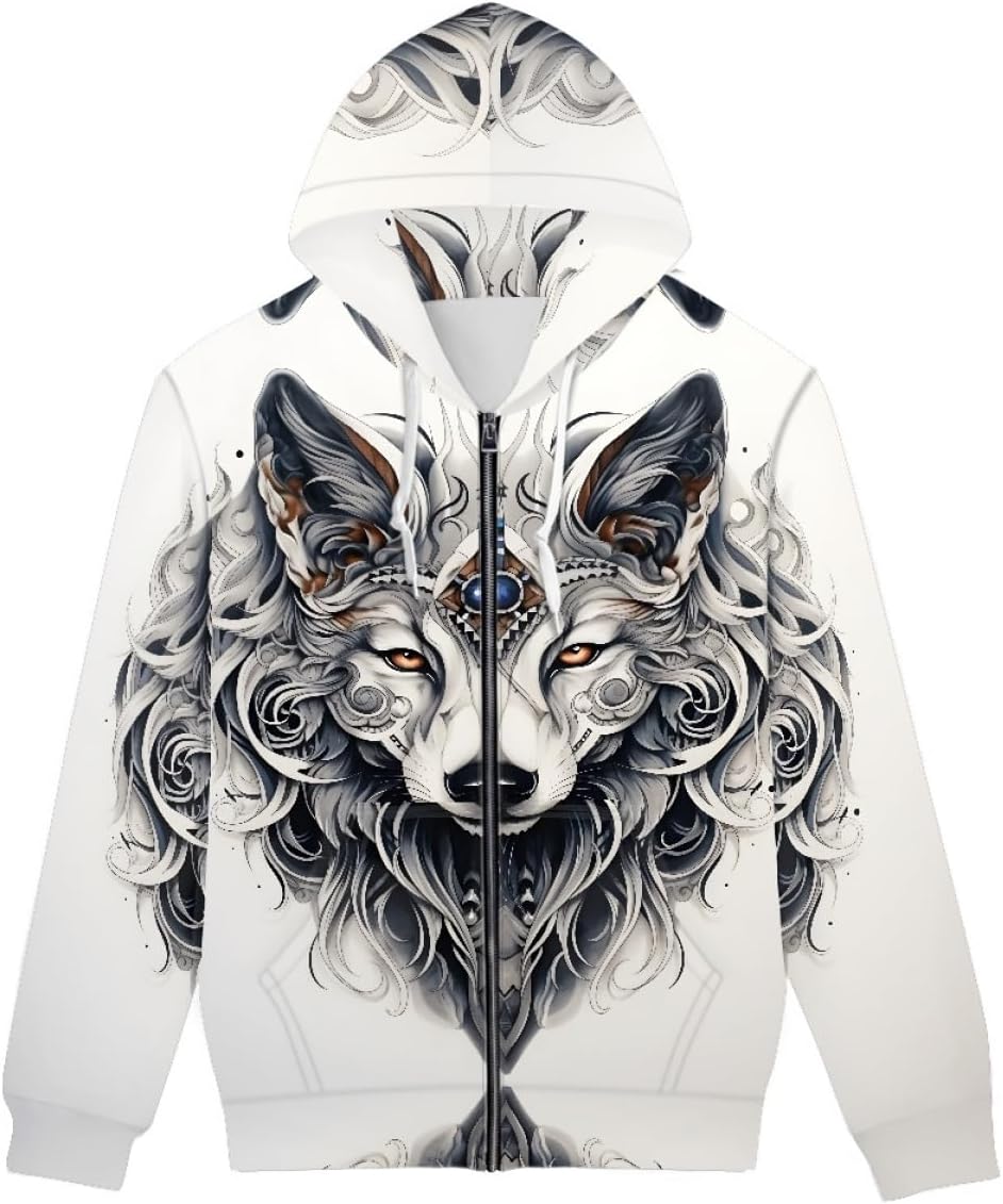 KIDVOVOU Mens Cool 3D Galaxy Wolf Print Zip up Hoodie Pullover Long Sleeve Graphic Hoodies Sweatshirt