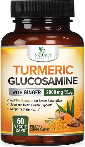 Nature's Nutrition Curcumina de cúrcuma con jengibre y glucosamina, 2000 mg con pimienta negra para una mejor absorción, apoyo articular, fabricado