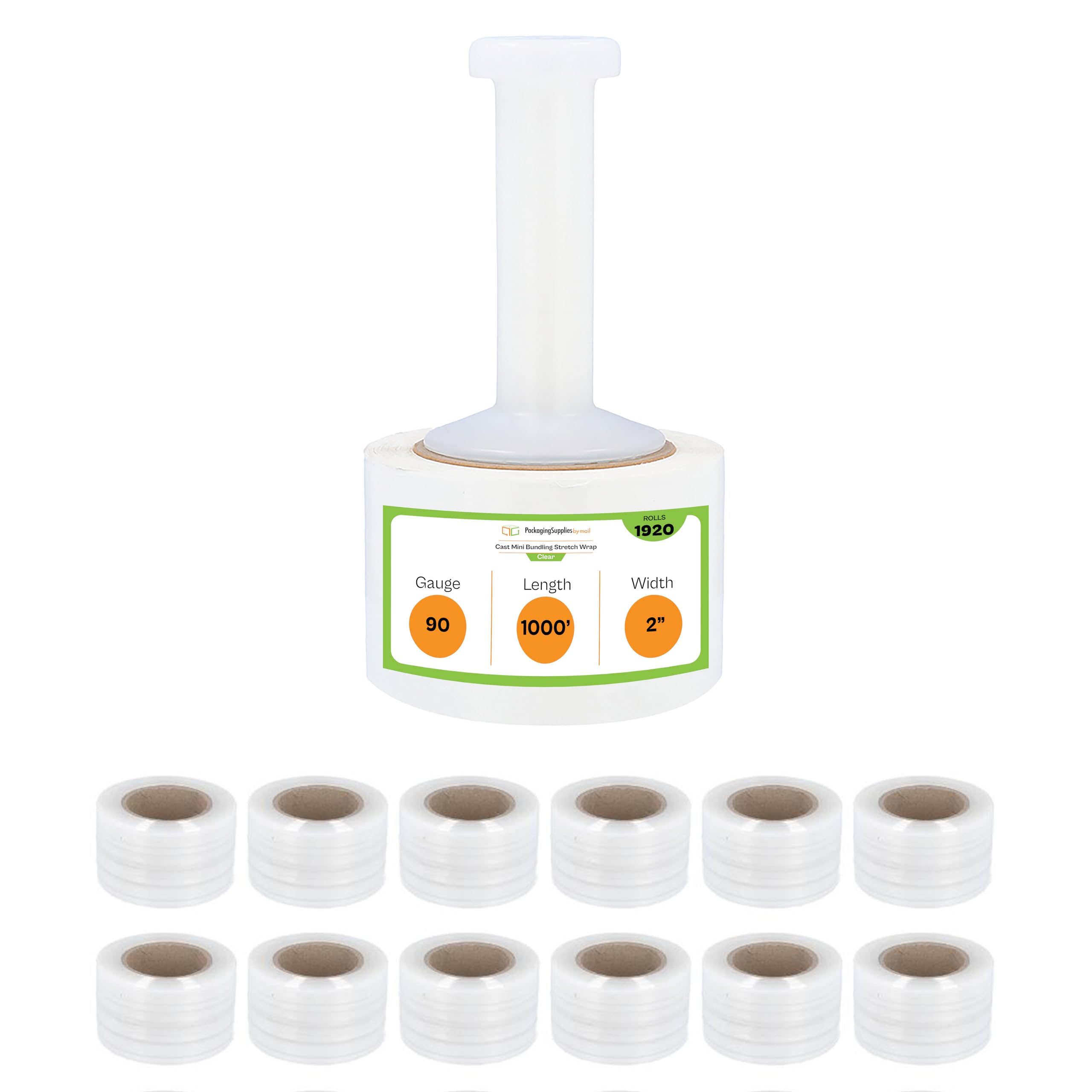 PSBM Stretch Wrap with Handle, 1920 Pack, 2 Inch x 1000 Feet, 90 Gauge, Clear Plastic Cling, Mini Hand Shrink Film for Pallet Moving Packing