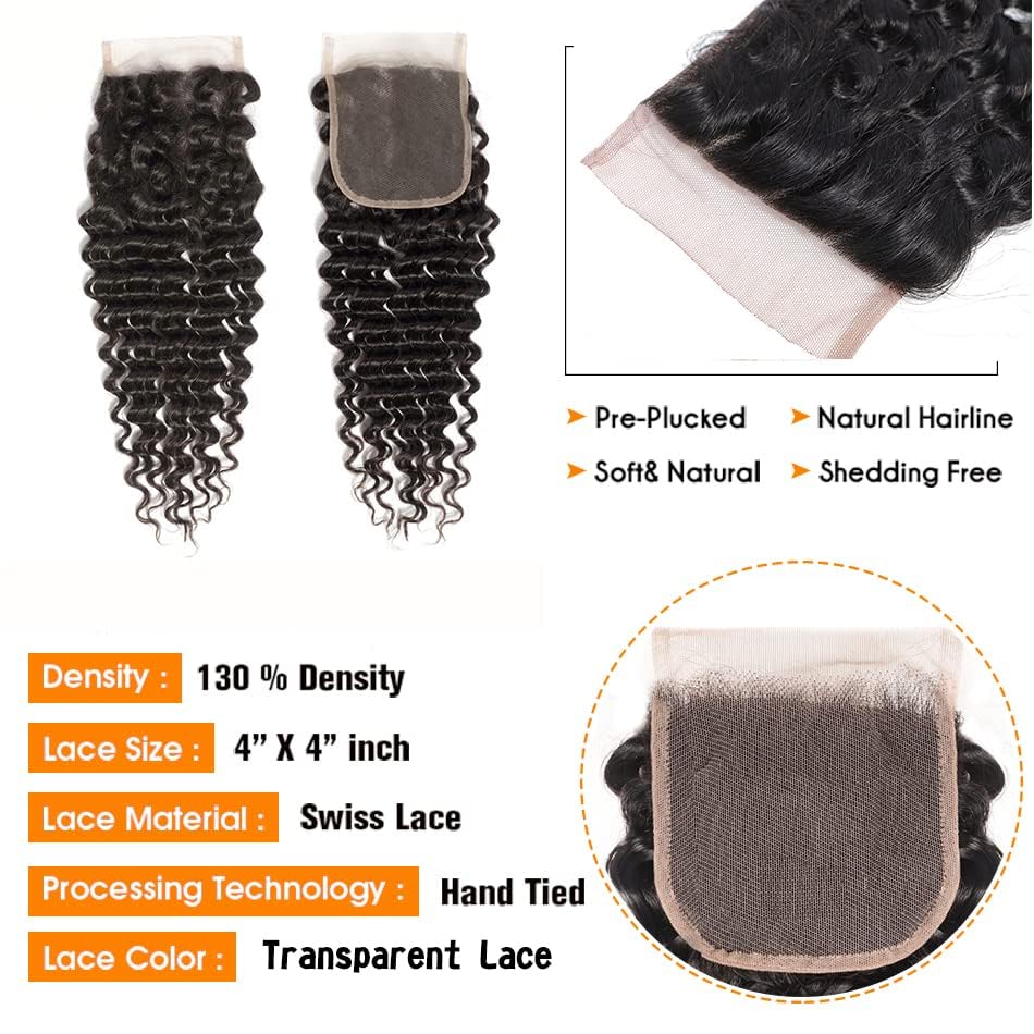 Brazilian Virgin Human Hair Deep Wave Lace Closure 4x4 Free Part 100% Unprocessed Virgin Deep Curly Human Hair Lace Closure Natural Black Color (16Inch - Image 4
