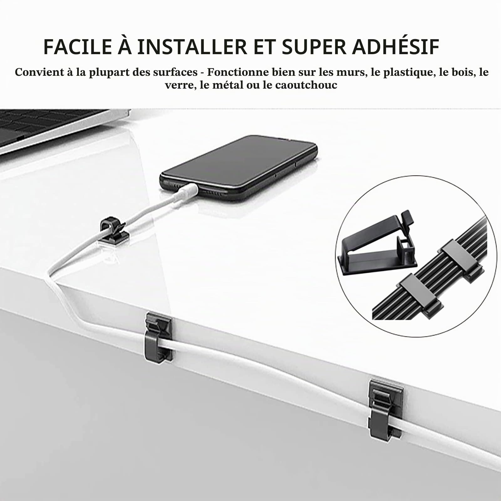 N NOROCME Kit de câbles 192 pièces – Manchon de rangement, supports, clips, sangles et attaches pour ordinateur et télévision sous le bureau – Noir