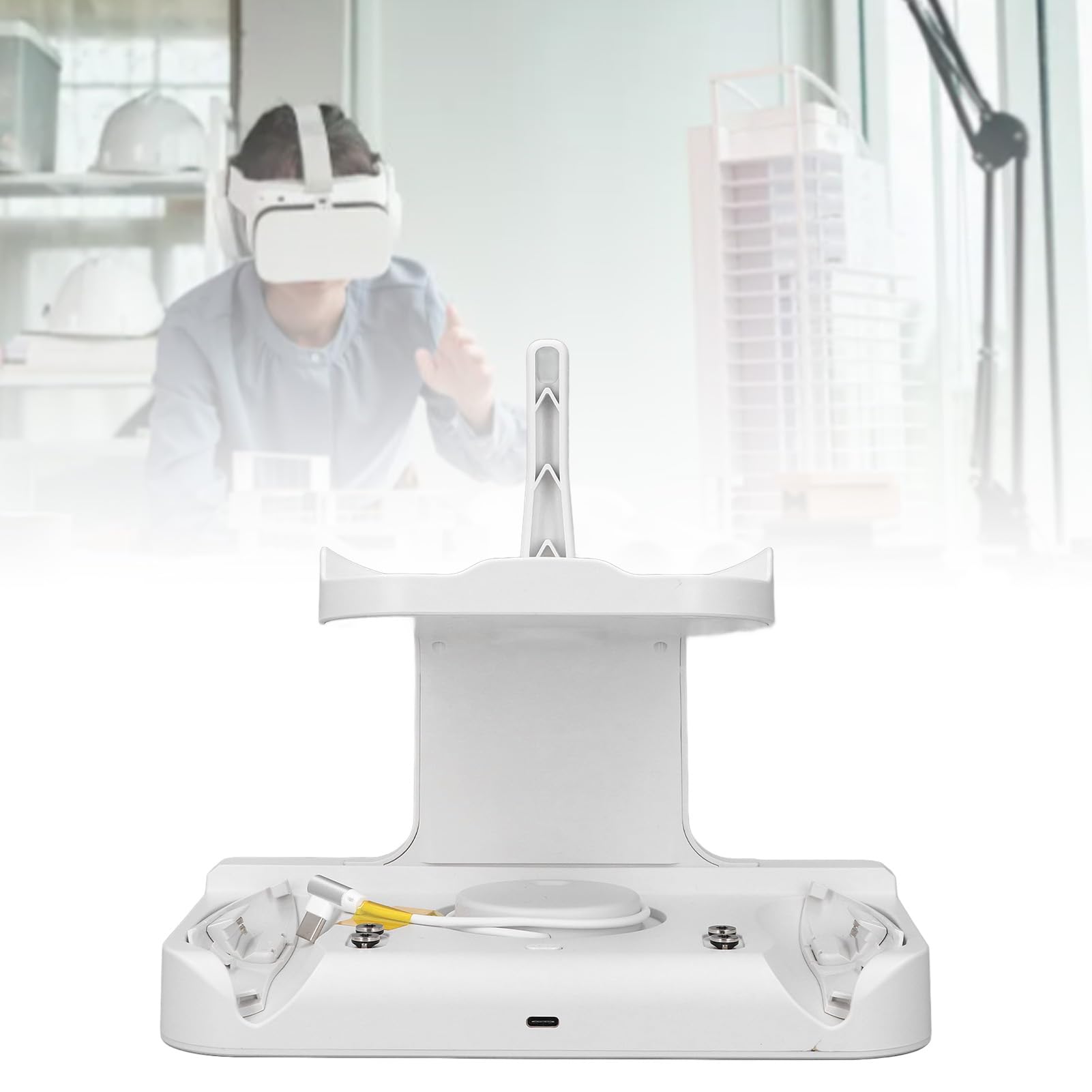 Supporto di ricarica per controller VR con luce RGB, stazione di ricarica wireless per cuffie VR, stazione di ricarica rapida di tipo C per 2, include 2 batterie ricaricabili e St (bianco)