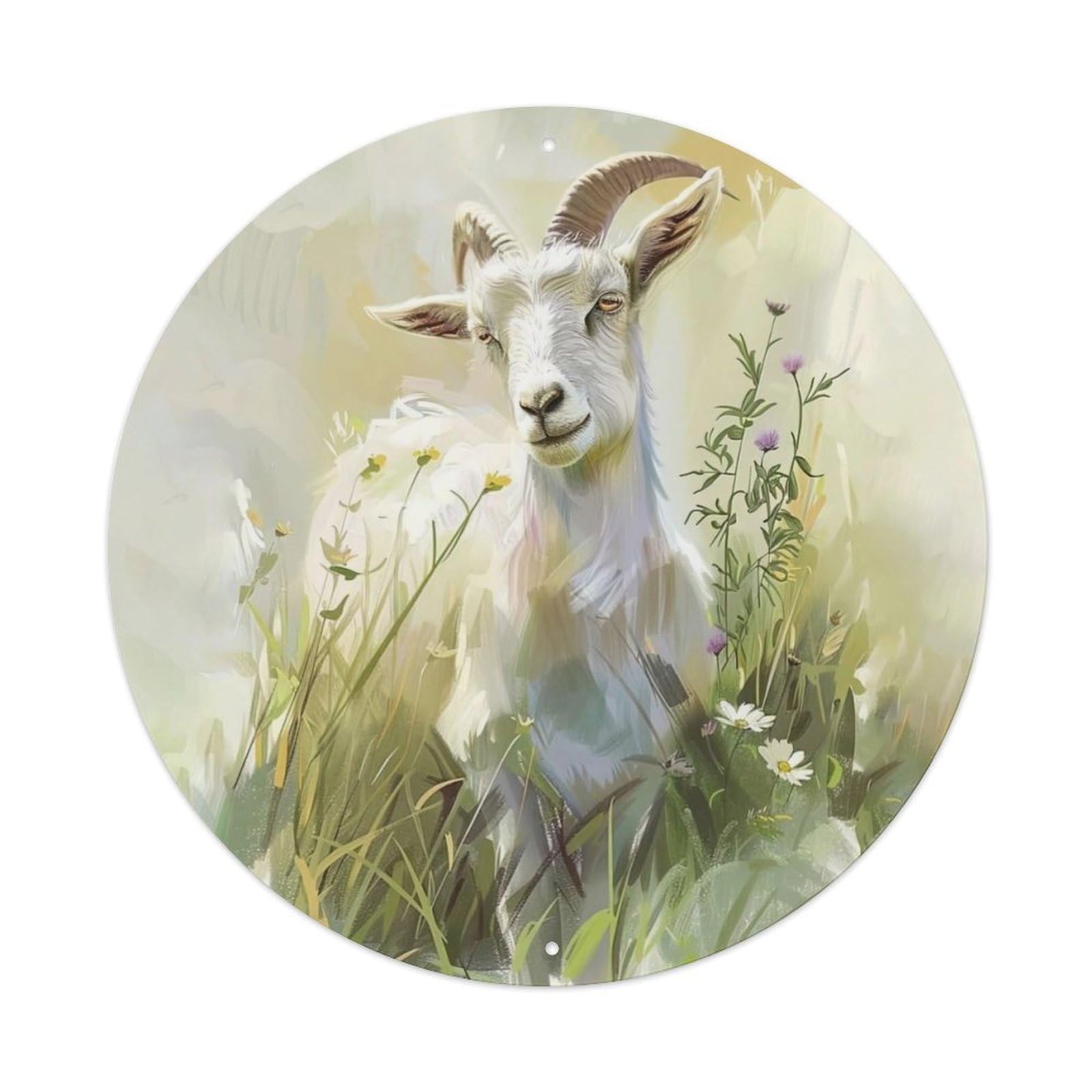 Farm Animal Goat in Meadow with Wildflowers Pastoral Watercolor Illustration Vintage Metal Tin Sign Plaque Wall Decor for Cafe, Club Bar, Office, Garden Metal Poster 8x8Inch