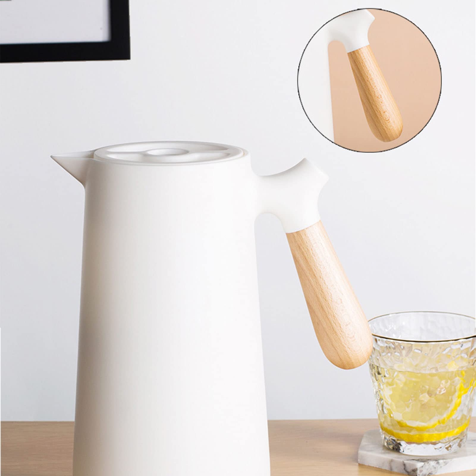 1L Carafe à Café Isotherme, Théière à Café Sous Vide à Double Paroi avec Doublure en Verre, Thermos à Café Isolé avec Poignée en Bois, Gardant Chaud et Froid(Blanc)