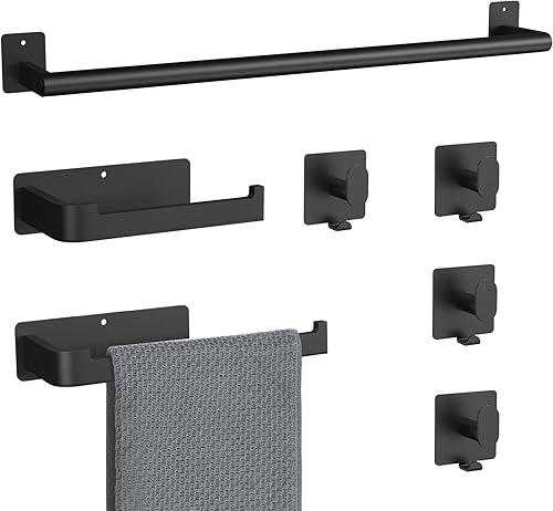 Juego de 7 piezas de accesorios de baño, juego de toallero negro mate, incluye soporte para toallas de 24 pulgadas, soporte para papel higiénico,