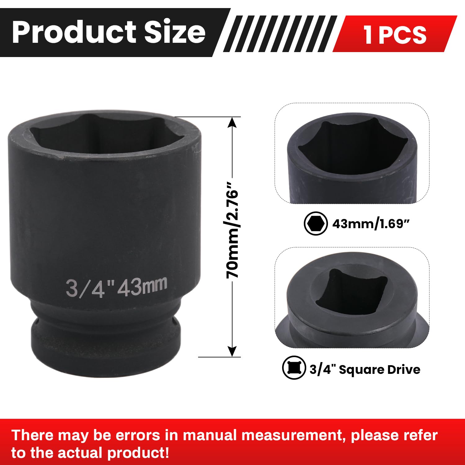 Deep 6-Point Impact Socket 3/4" Drive 43mm,Chrome Molybdenum Steel, Anti-Rust Metric Hex Socket for Car Repairs and Impact Wrench - Image 2
