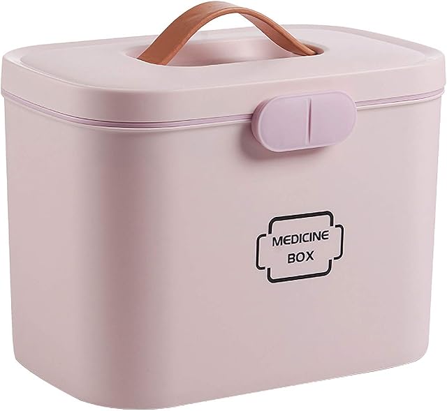 ZCG 2-Tiers Medicine Box First Aid Box,Plastic Medical Storage Containers,with Removable Tray and Portable Handle,28.5x18x21cm (Size : Pink)