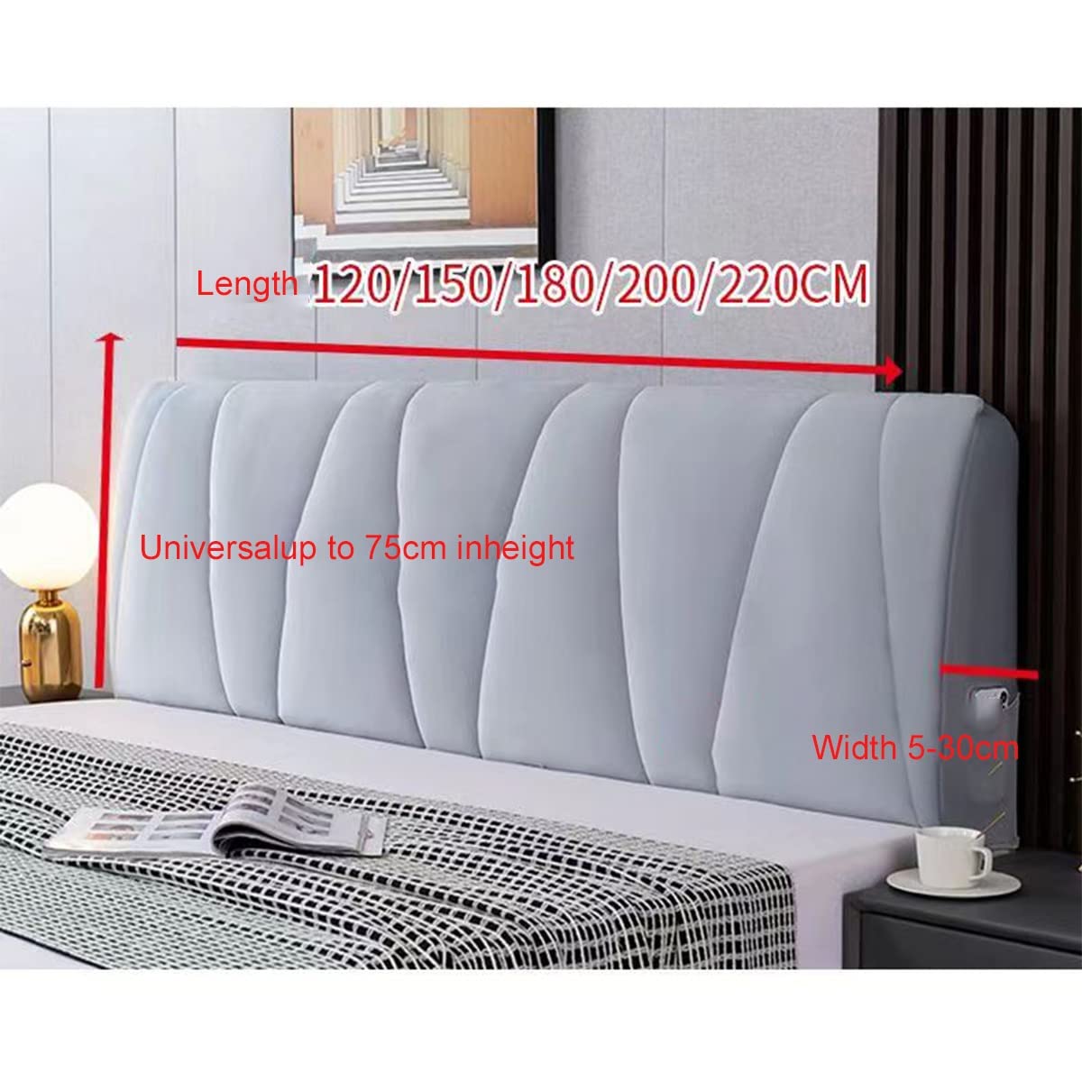 Copri Testata Letto Matrimoniale Copertura per Testiera per Matrimoniale/Singolo Premium Elastica Copritestata Letto Velluto Fodera Protezione Anti-Collisione Cuscino Color:Dark Gray, Size:180x75