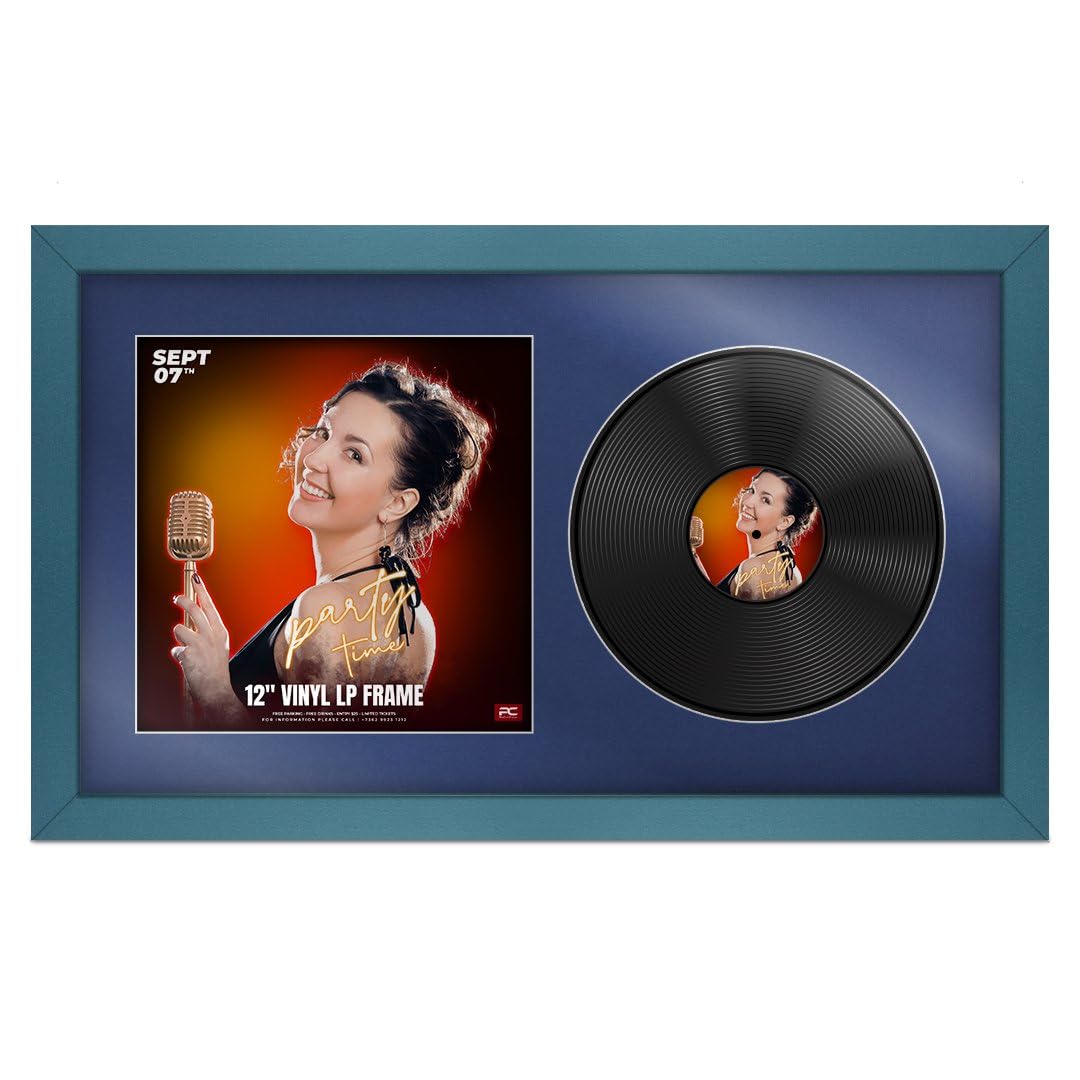 Procut Global 30x17" Navy Blue Vinyl Record Frame for 12 Inch LP Cover & Disc - Premium Display Photo Frame - Engineered Wood with Shatterproof Perspex - Music Lover Gift & Home Décor