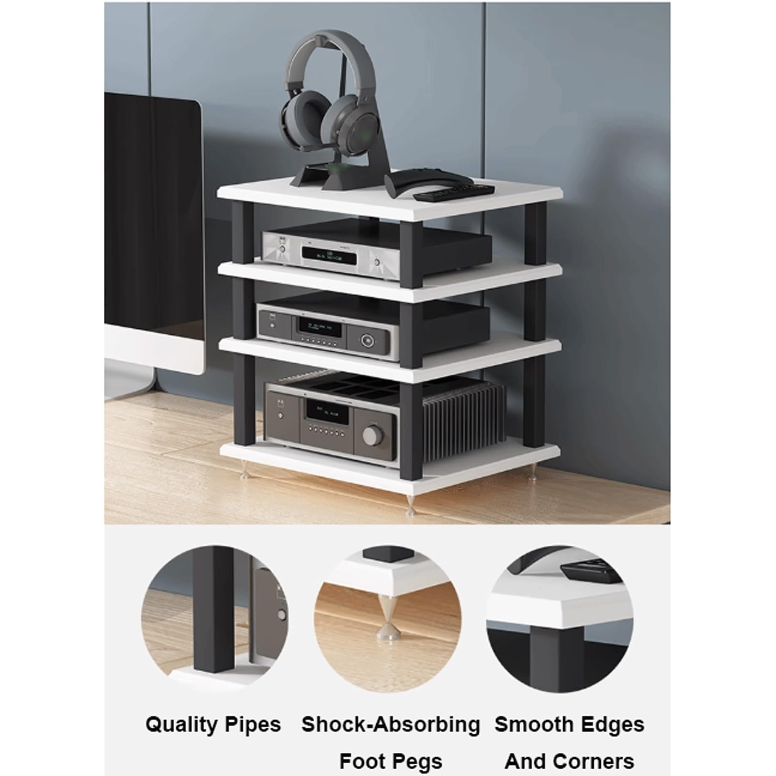 Mehrschichtiger AV-Media-Ständer, beweglicher Desktop-Audio-Regal, Turm, offener CD-Plattenspieler, Stereo-Schrank, Eckkomponentenschrank, kompatibel mit Zuhause, Büro, Wohnzimmer, Natur, 3
