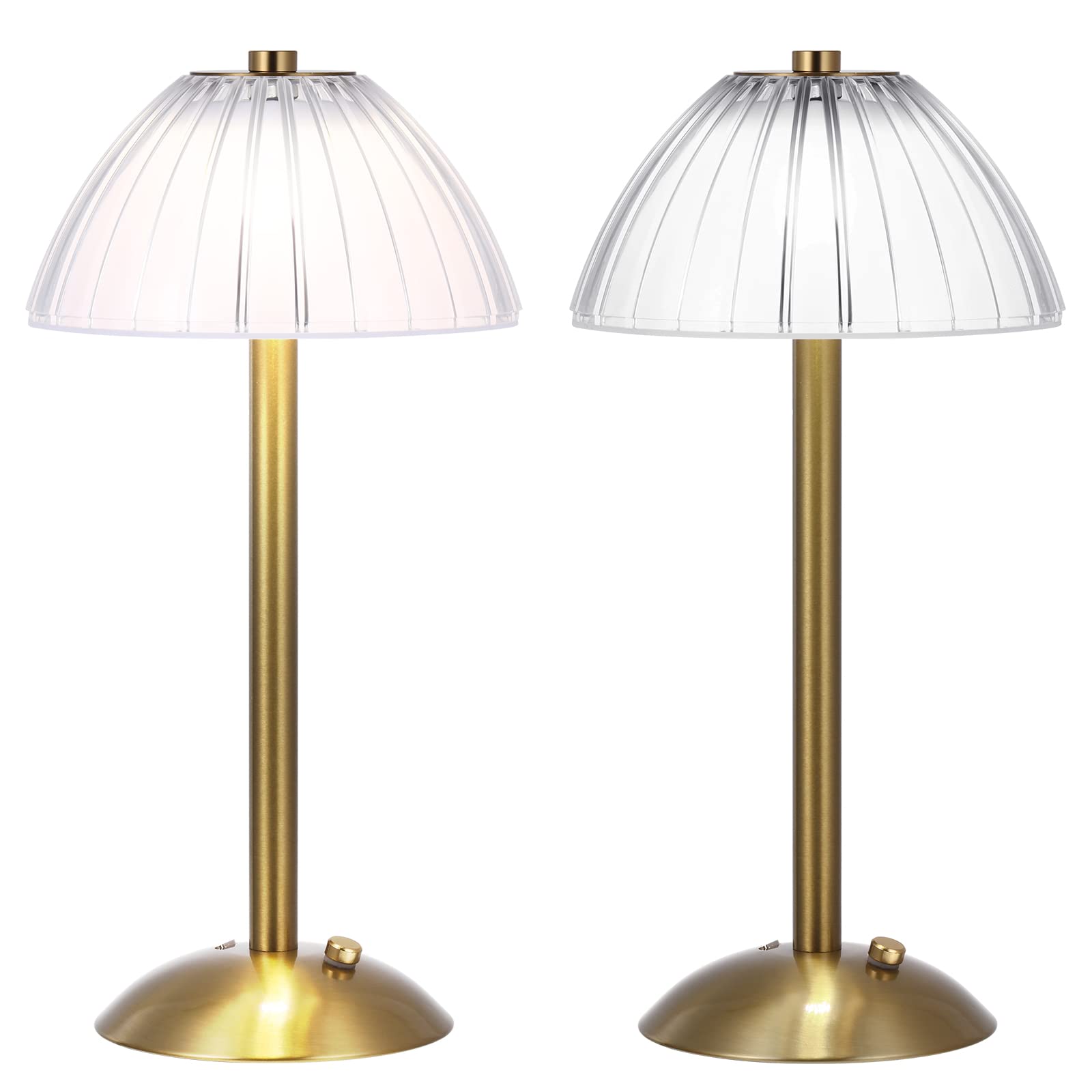 Liliful 2 Pcs LED Portable Cordless Table Lamp Touch Battery Operated Rechargeable Gold Desk Lamp 3 Color Dimmable for Bedroom Living Room Dining (Mushroom Style,Gold)