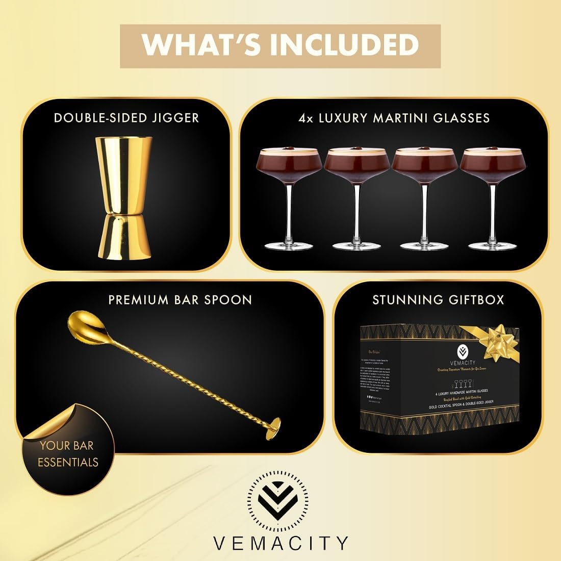 VEMACITY - Deluxe Espresso Martini Glasses Set of 4 | 10oz Coupe Glasses with Gold Rims for Champagne, Cosmopolitans - Includes Gold Jigger, Bar Spoon & eBook - | Ideal for Martinis and Manhattans - Image 2
