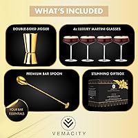 Vista 2 de VEMACITY - Juego de 4 vasos de Martini Espresso de lujo Vasos Coupé de 10 onzas con bordes dorados para champán, Cosmopolitans - Incluye jigger