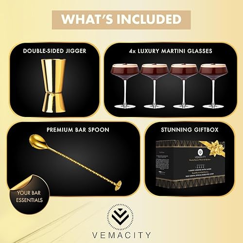 Miniatura 8 de VEMACITY - Juego de 4 vasos de Martini Espresso de lujo Vasos Coupé de 10 onzas con bordes dorados para champán, Cosmopolitans - Incluye jigger