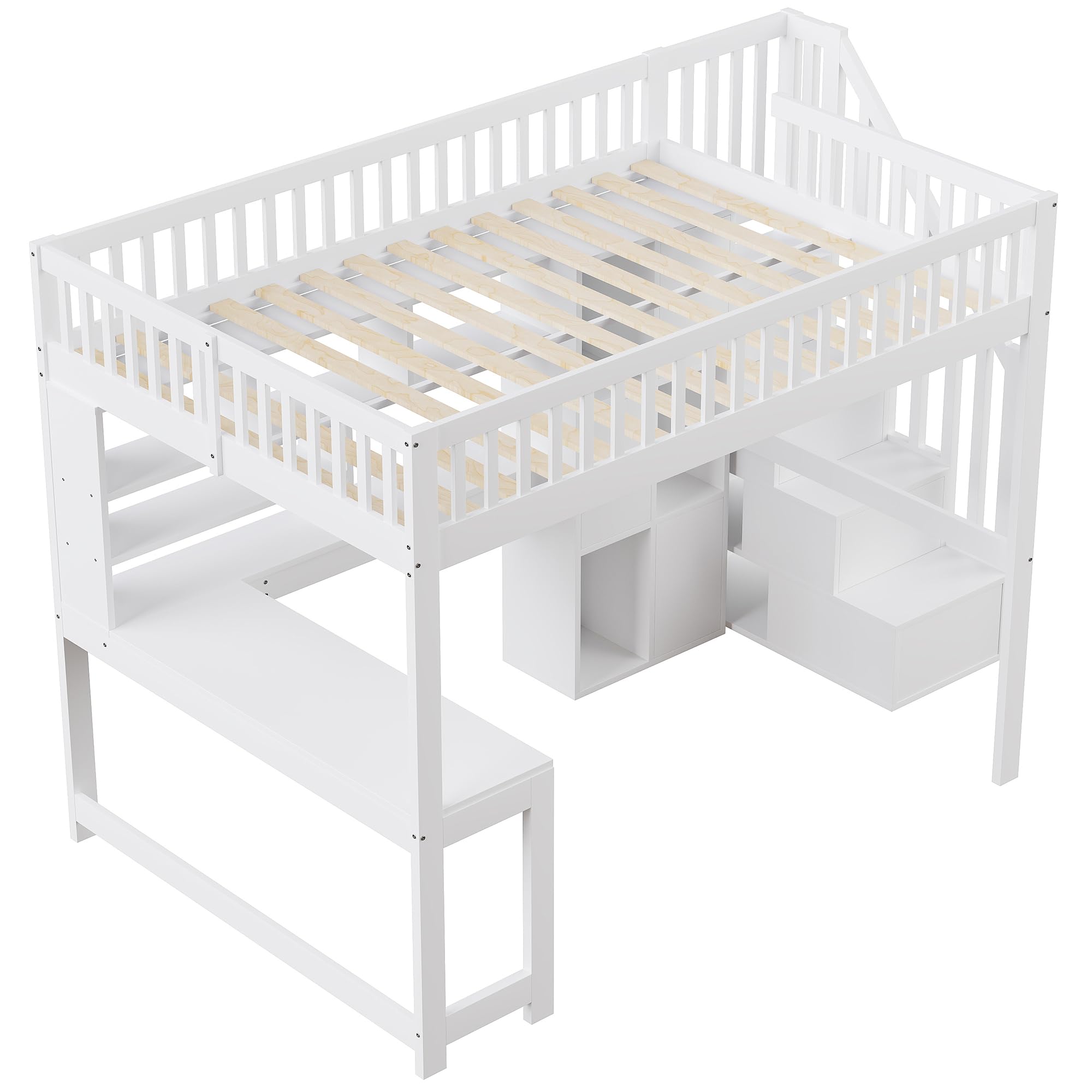 Moimhear Letto a soppalco, 140 x 200 cm, con luci a LED, scaletta ripiani, ripiani, scrivania, in legno di pino+MDF + Plywood, adatto per bambini e ragazzi (bianco)