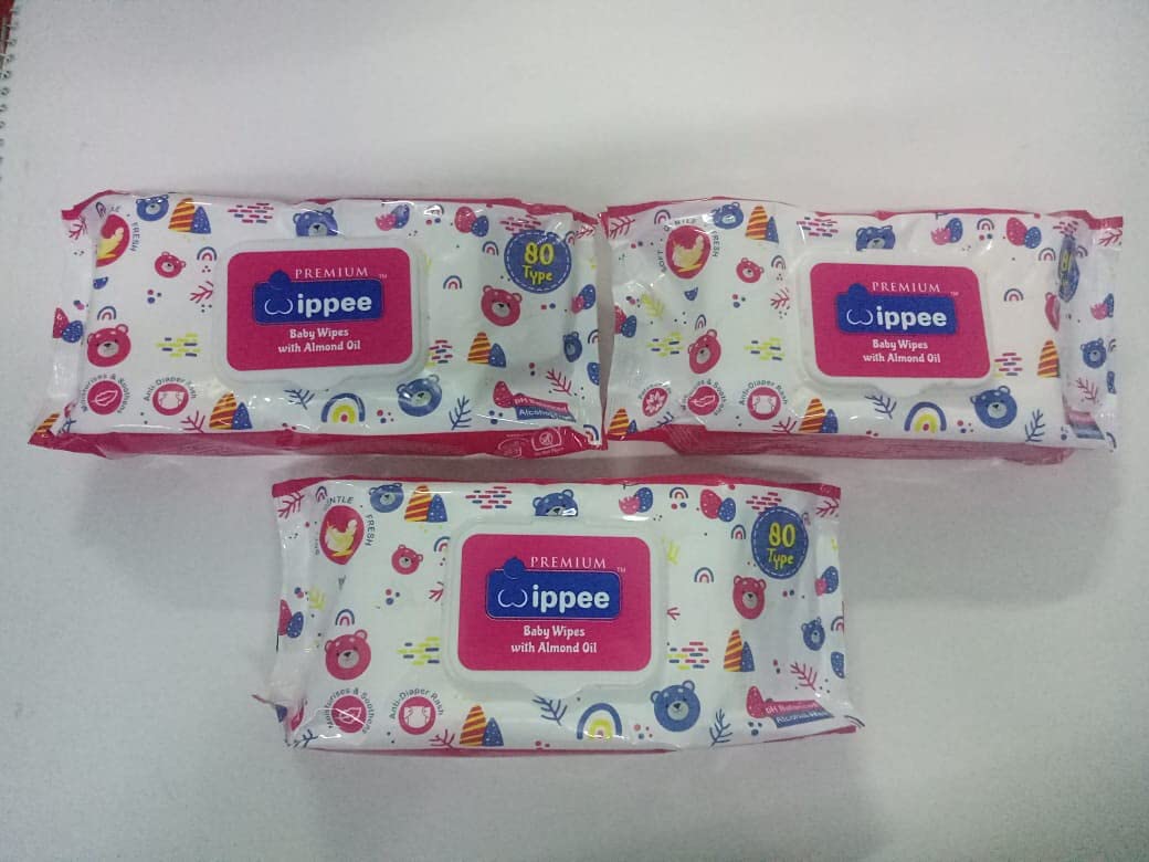 AIZAH Wippee 80N with Lid Baby Wipes with Almond Oil (White) (Pack of 3)