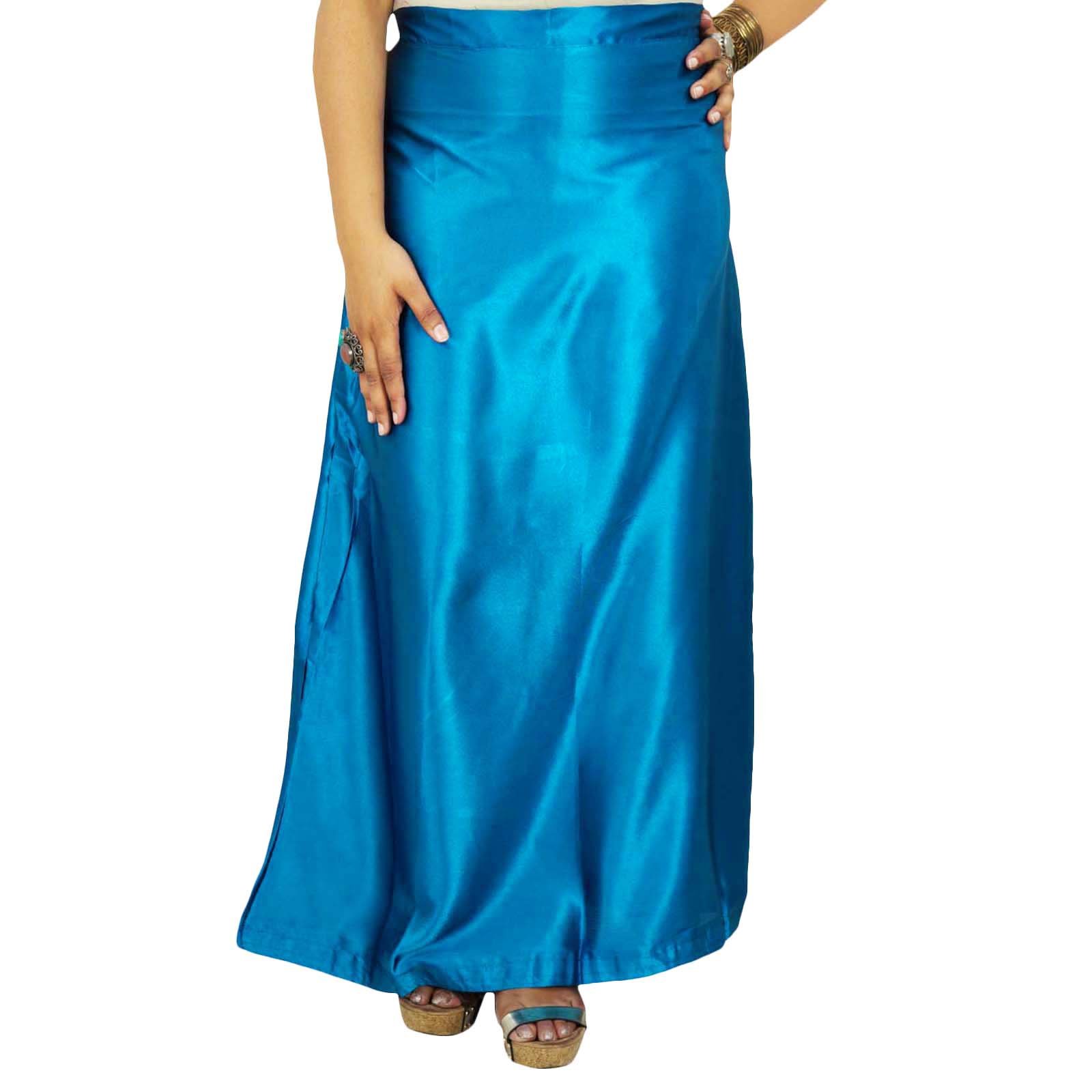 Iba Indianbeautifulart Women's Blue Indian Satin Silk Petticoat Bollywood Solid Inskirt Lining For Sari