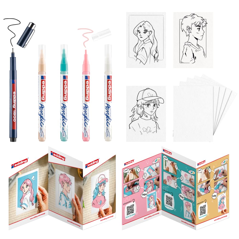 edding manga pens creative set, 5300 acrylic markers and 1800 fineliners, set of 5, incl. instructions and accessories - Image 2